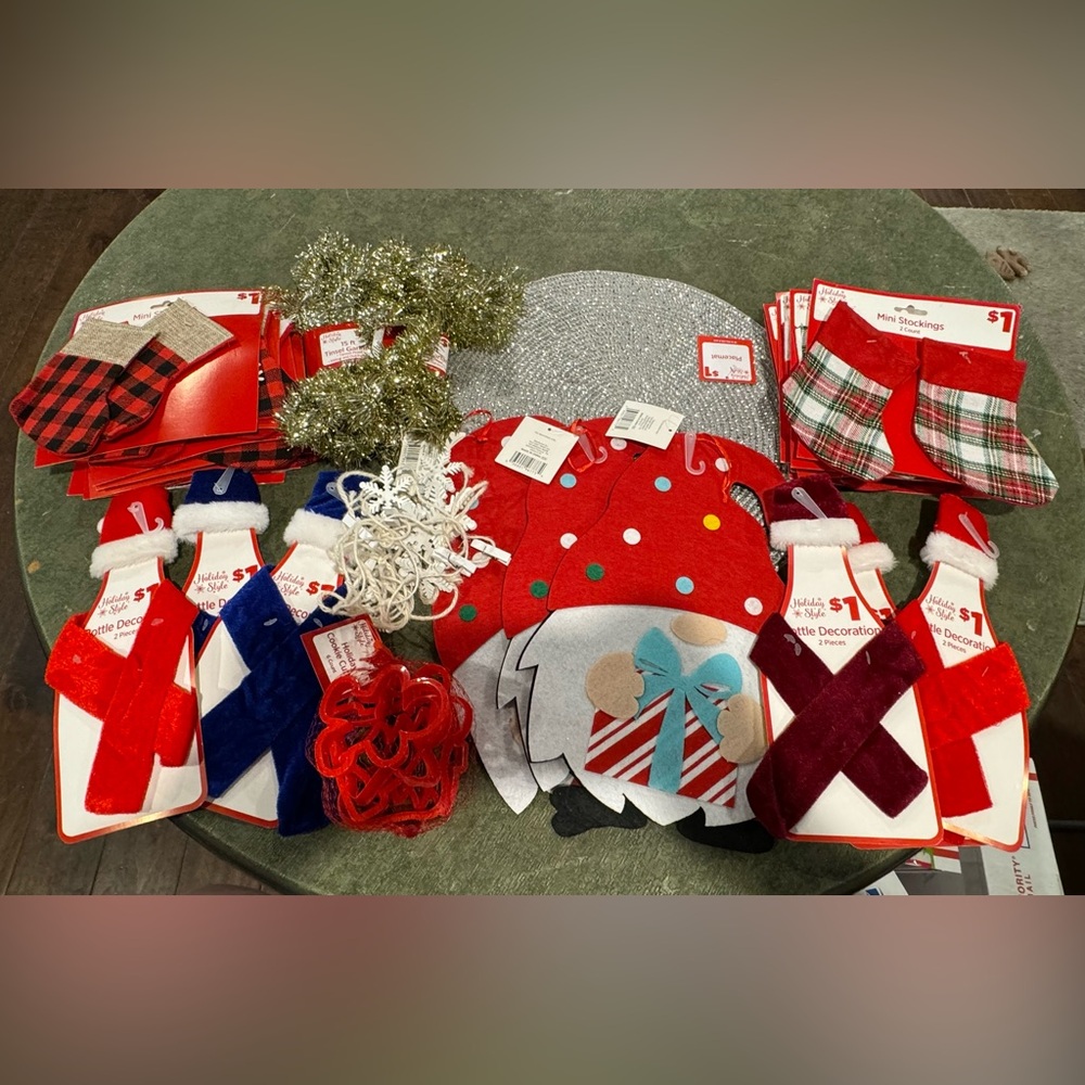 Mixed Lot- Christmas- 28 Stockings-2 Placemats- 3 Gnomes- 2 Pks Garland & More!